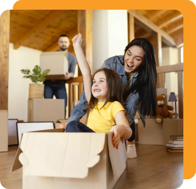 Mom pushing a box with her child in it