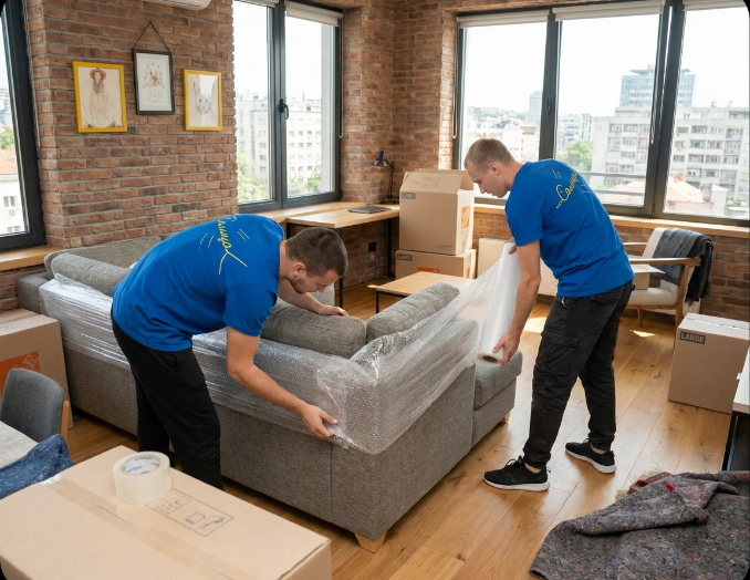 Movers packing an apartment